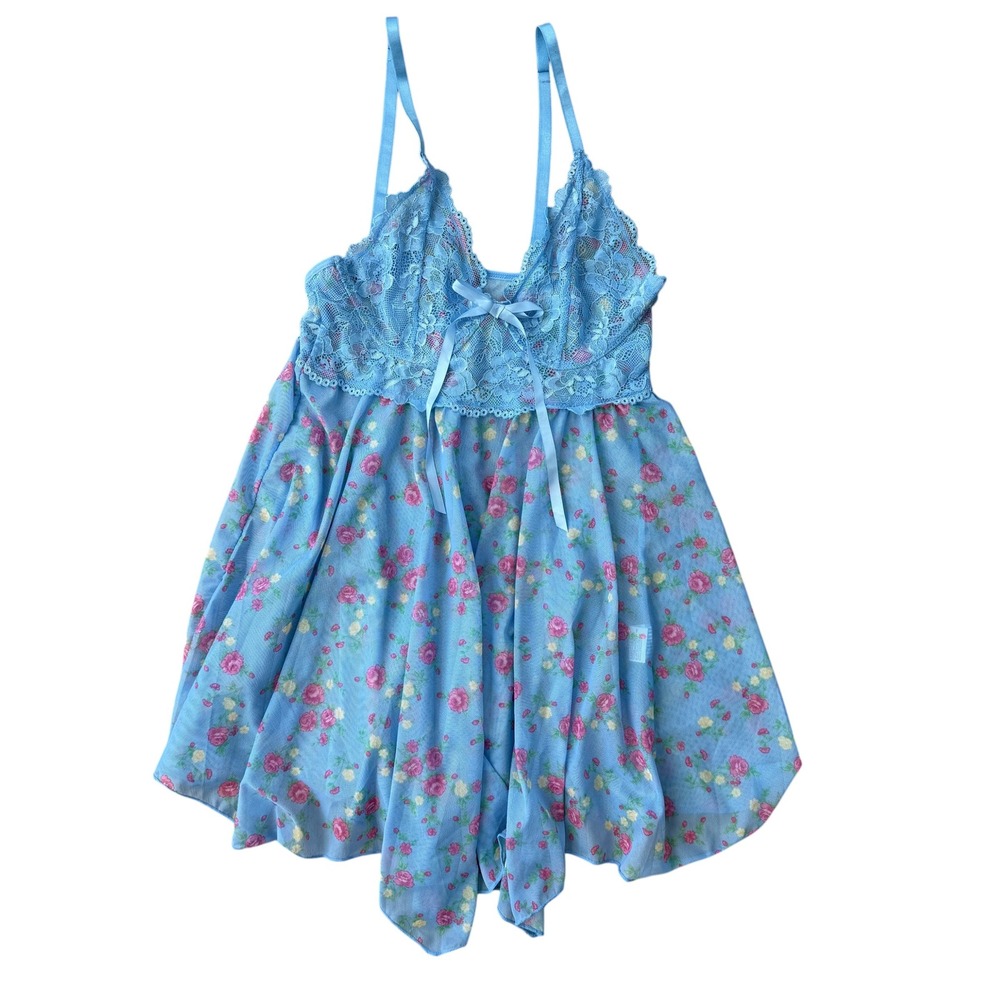 Avidlove Babydoll Lingerie Floral Lace Mesh Chemise Small Blue coquette tank